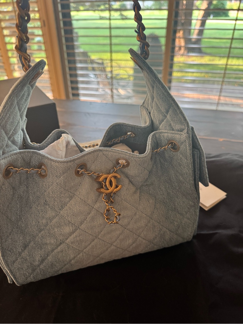 CHANEL Light Blue Quilted Denim Shoulder Bag with Gold-Tone Chain - Picture 8 of 15